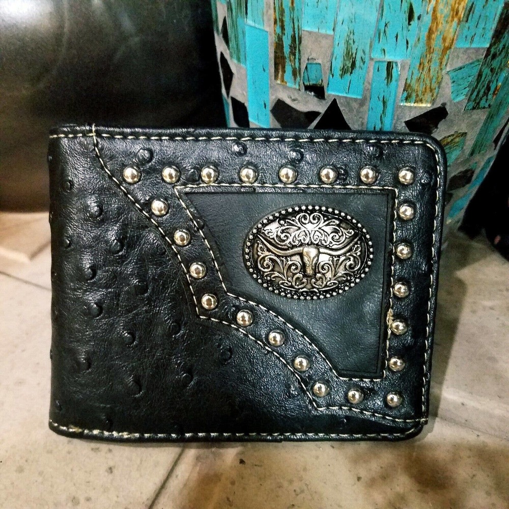 Longhorn Mens Wallet Western Bifold Ostrich Black